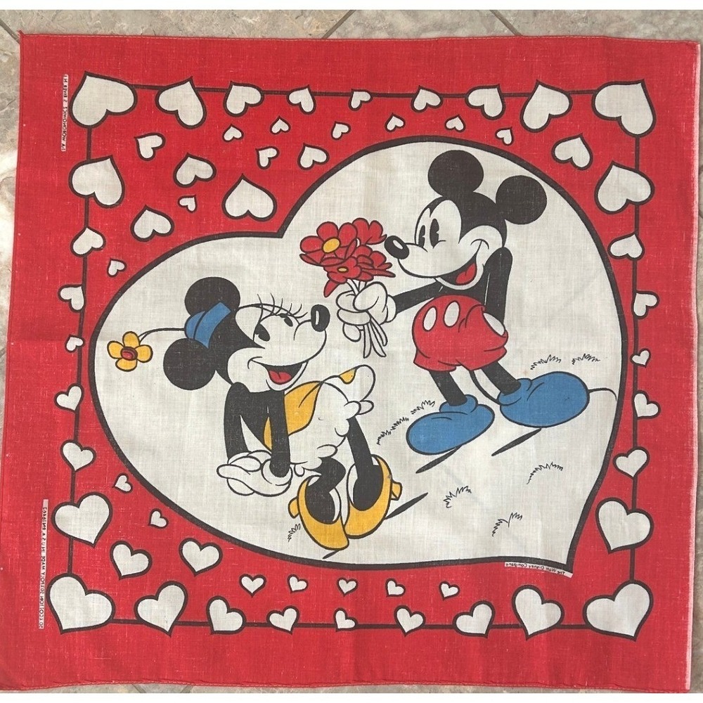 Vintage Disney Mickey Minnie Mouse Heart Bandana Red Scarf Made in USA